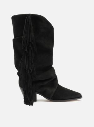 Bota Preta Suede Cano Alto Bloco Franjas