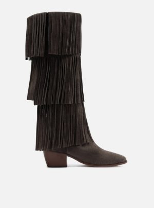 Bota Marrom Caf? Suede Cano M?dio Bloco Franjas