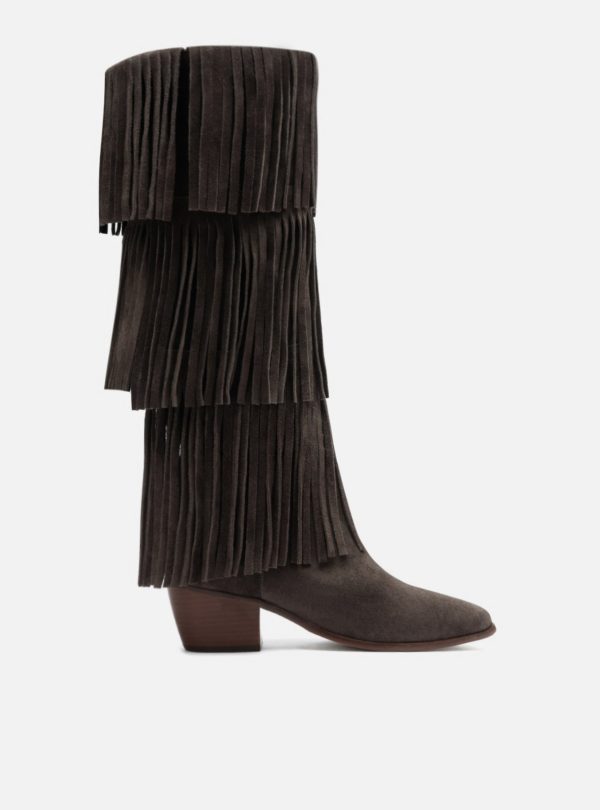 Bota Marrom Caf? Suede Cano M?dio Bloco Franjas