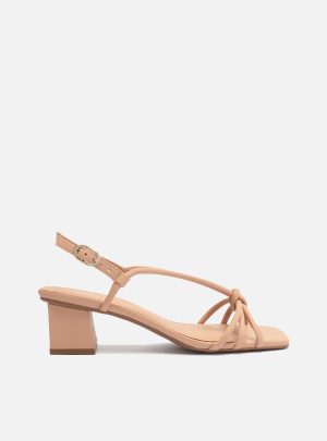 Sand?lia Nude Salto Bloco Quadrado Tiras