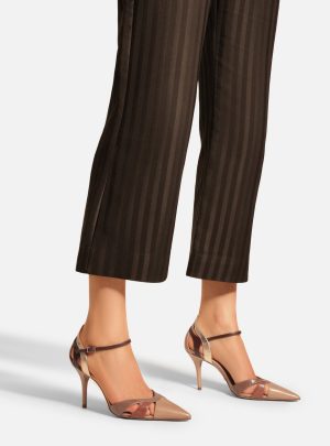 Scarpin Bege Couro Salto Fino Mix Tiras