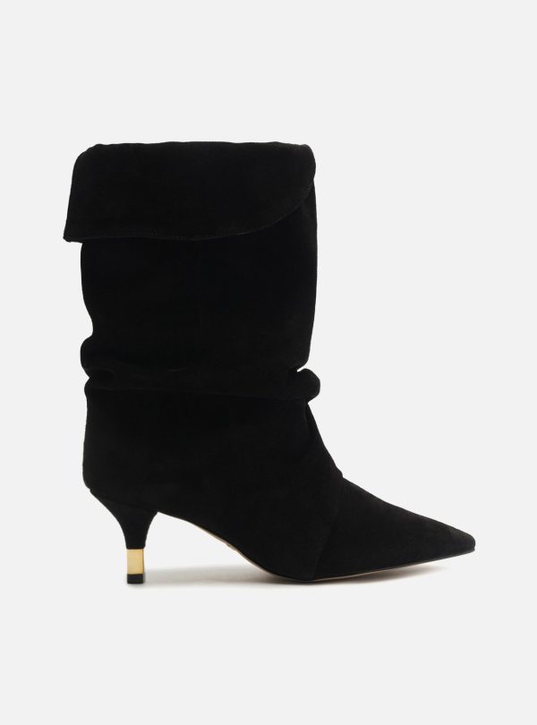 Bota Preta Suede Cano M?dio Salto Fino Slouch