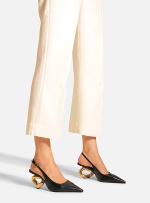 Scarpin Preto Couro Salto Geom?trico Slingback