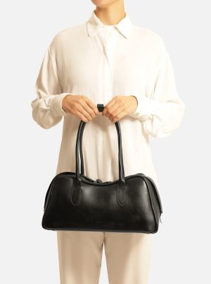 Bolsa Bowling Preta Couro Grande Z?per Duplo