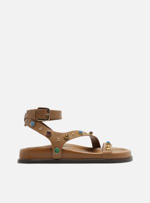 Sand?lia Papete Marrom Couro Tiras Pedras