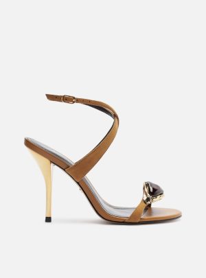 Sand?lia Marrom Camur?a Salto Fino Pedra Maxi