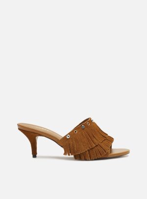 Mule Marrom Clara Camur?a Salto Fino Franjas