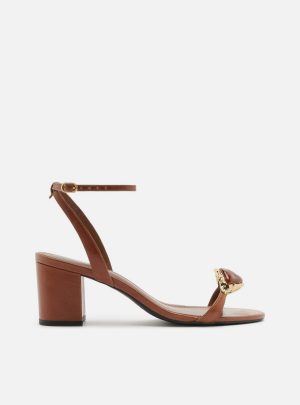 Sand?lia Marrom Couro Salto Bloco Pedra Maxi