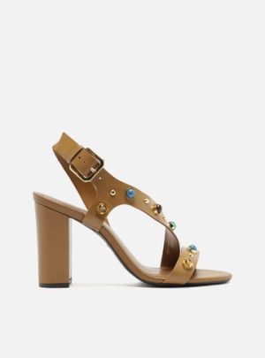 Sand?lia Marrom Couro Bloco Tira Diagonal Pedras