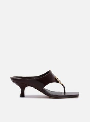 Sand?lia Marrom Couro Salto Kitten Thong Metal