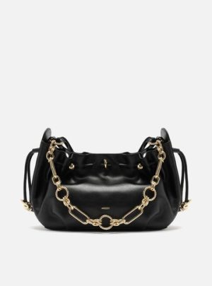 Bolsa Shoulder Preta Couro Grande Corrente