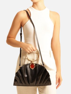 Bolsa Clutch Preta Couro Pequena Pedra