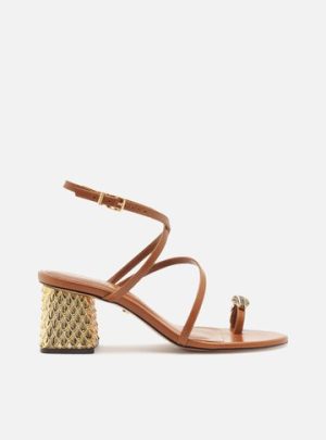 Sand?lia Marrom Couro Salto Bloco Textura Metal